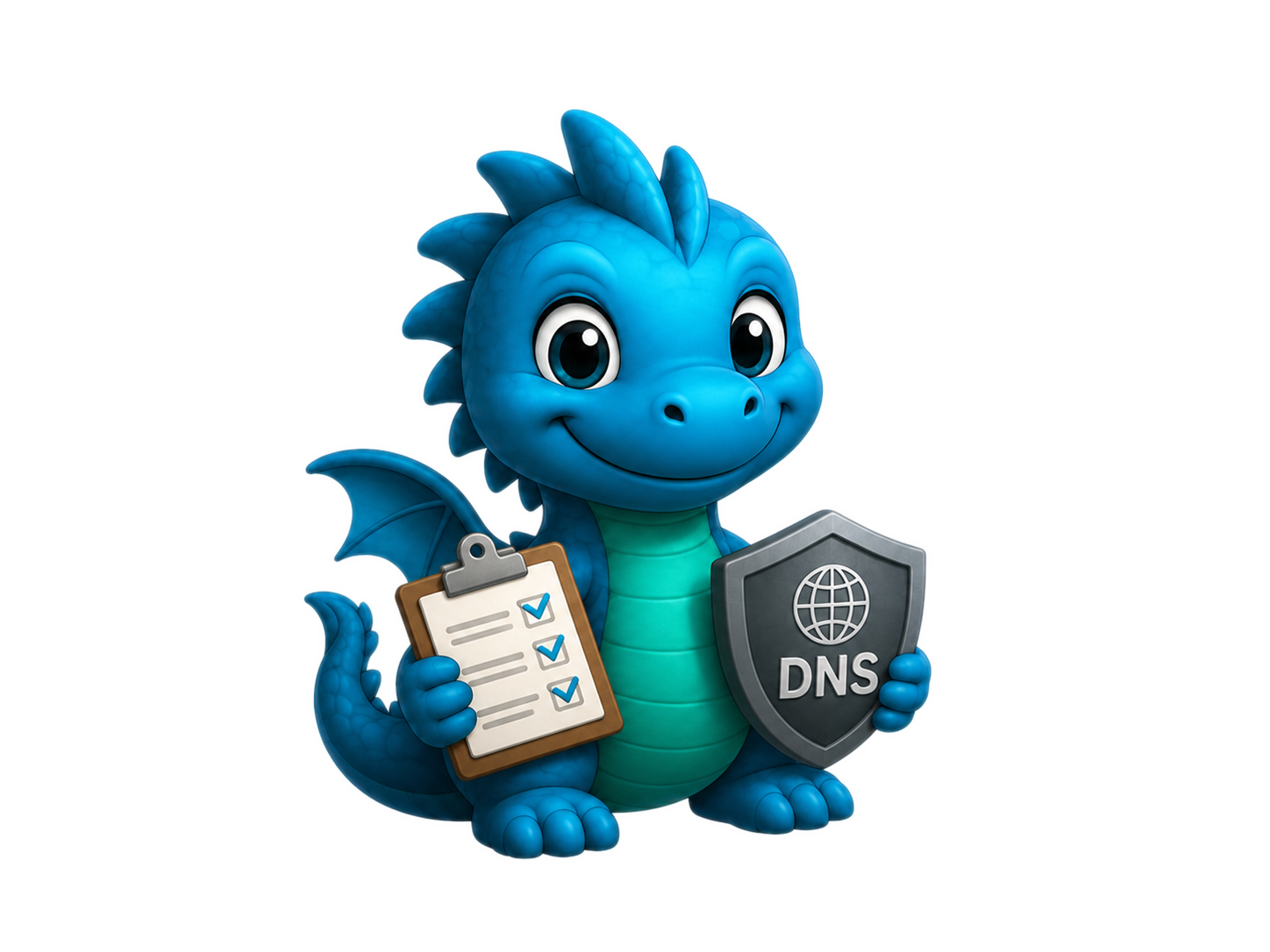 ROOTSDRAGON, the ZeroDNS dragon holding a DNS shield and checklist